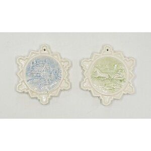 Set of 2 Vintage Snowflake Ornaments Ceramic Winter Scenes 3D Duncan 3.5” White